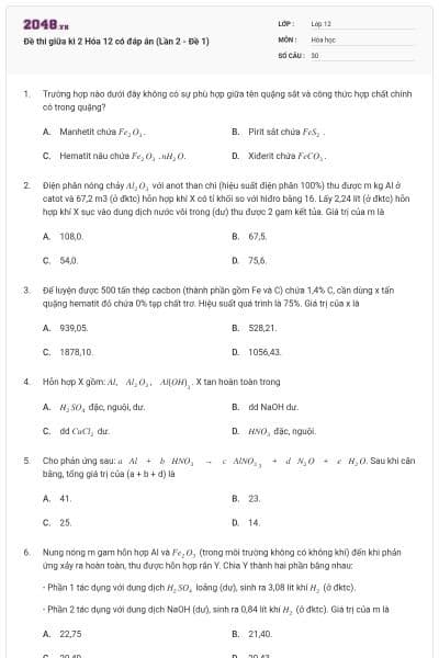 Đề thi giữa kì 2 Hóa 12 có đáp án (Lần 2 - Đề 1)