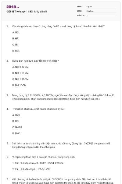 Giải SBT Hóa học 11 Bài 1: Sự điện li