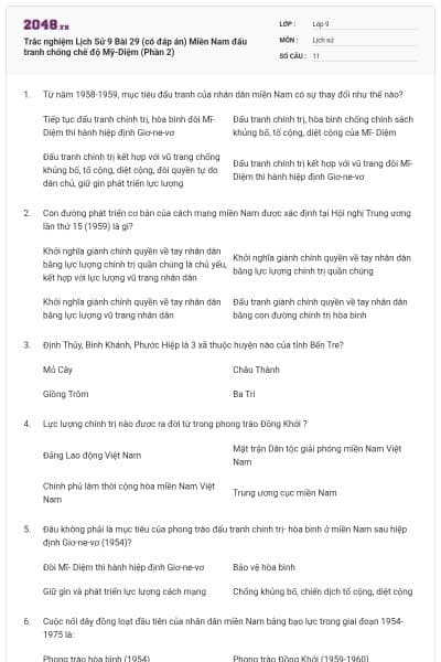 Trắc nghiệm Lịch Sử 9 Bài 29 (có đáp án) Miền Nam đấu tranh chống chế độ Mỹ-Diệm (Phần 2)