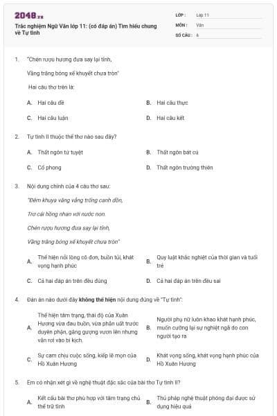 Trắc nghiệm Ngữ Văn lớp 11: (có đáp án) Tìm hiểu chung về Tự tình