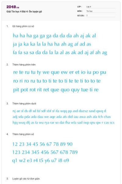 Giải Tin học 4 Bài 4: Ôn luyện gõ