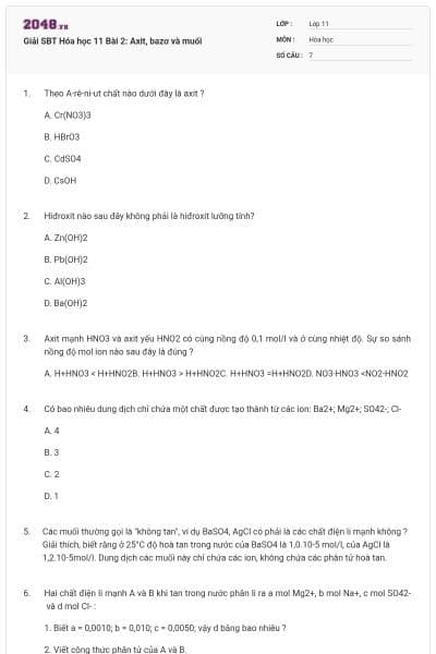 Giải SBT Hóa học 11 Bài 2: Axit, bazơ và muối