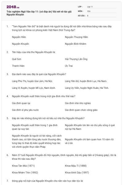 Trắc nghiệm Ngữ Văn lớp 11: (có đáp án) Vài nét về tác giả Nguyễn Khuyễn