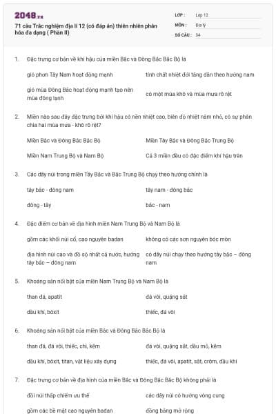 71 câu  Trắc nghiệm địa lí 12 (có đáp án) thiên nhiên phân hóa đa dạng ( Phần II)
