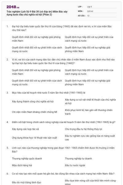 Trắc nghiệm Lịch Sử 9 Bài 30 (có đáp án) Miền Bắc xây dựng bước đầu chủ nghĩa xã hội (Phần 2)