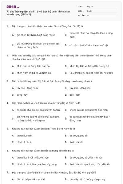 71 câu  Trắc nghiệm địa lí 12 (có đáp án) thiên nhiên phân hóa đa dạng ( Phần II)