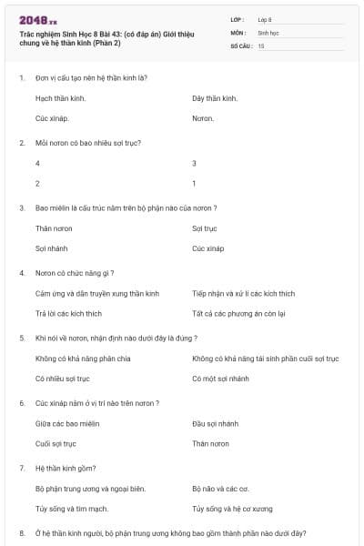 Trắc nghiệm Sinh Học 8 Bài 43: (có đáp án) Giới thiệu chung về hệ thần kinh (Phần 2)