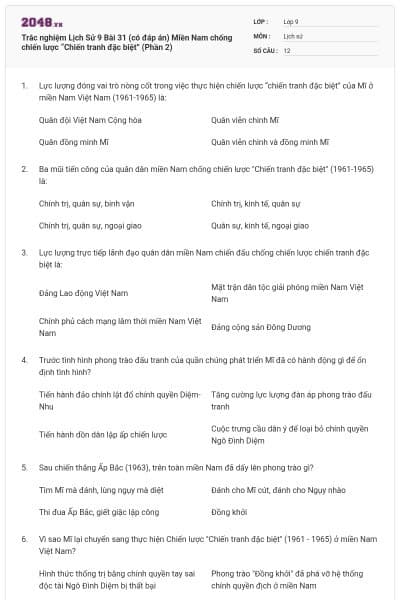 Trắc nghiệm Lịch Sử 9 Bài 31 (có đáp án) Miền Nam chống chiến lược “Chiến tranh đặc biệt” (Phần 2)