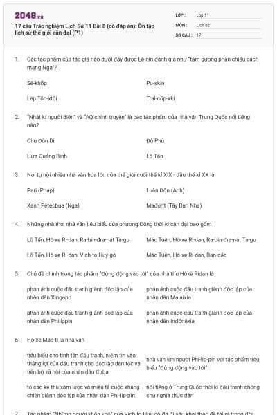 17 câu  Trắc nghiệm Lịch Sử 11 Bài 8 (có đáp án): Ôn tập lịch sử thế giới cận đại (P1)