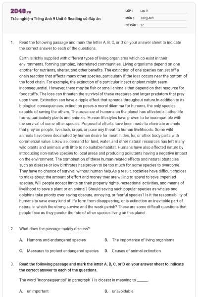 Trắc nghiệm Tiếng Anh 9 Unit 6 Reading có đáp án