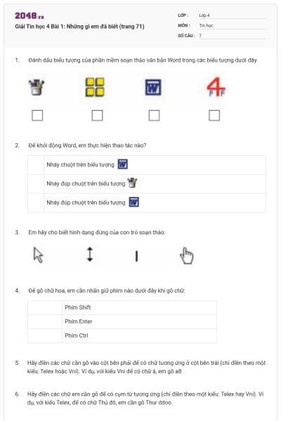 Giải Tin học 4 Bài 1: Những gì em đã biết (trang 71)