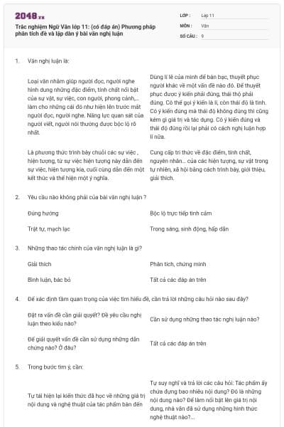 Trắc nghiệm Ngữ Văn lớp 11: (có đáp án) Phương pháp phân tích đề và lập dàn ý bài văn  nghị luận