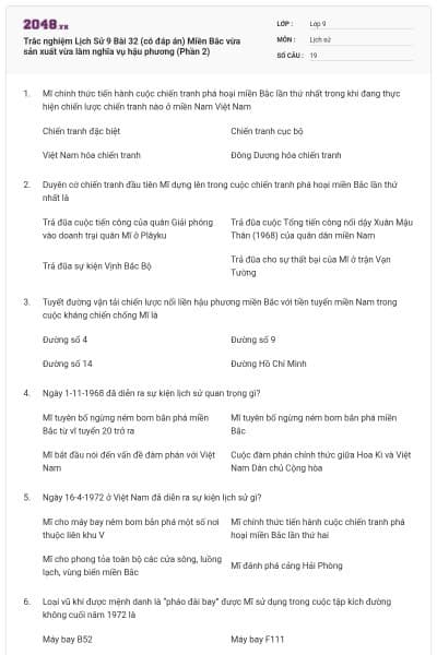 Trắc nghiệm Lịch Sử 9 Bài 32 (có đáp án) Miền Bắc vừa sản xuất vừa làm nghĩa vụ hậu phương (Phần 2)