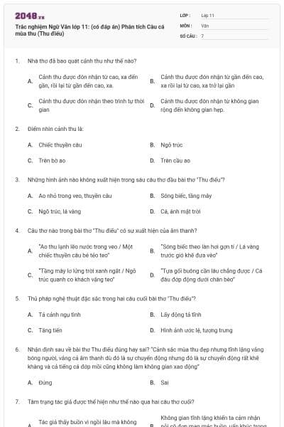 Trắc nghiệm Ngữ Văn lớp 11: (có đáp án) Phân tích Câu cá mùa thu (Thu điếu)