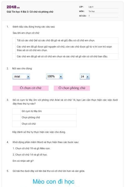 Giải Tin học 4 Bài 3: Cỡ chữ và phông chữ