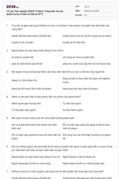70 câu Trắc nghiệm GDCD 12 Bài 6: Công dân với các quyền tự do cơ bản có đáp án (P1)
