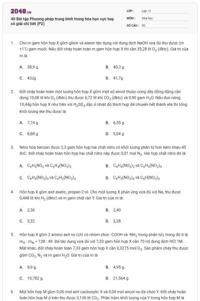 40 Bài tập Phương pháp trung bình trong hóa học cực hay có giải chi tiết (P2)