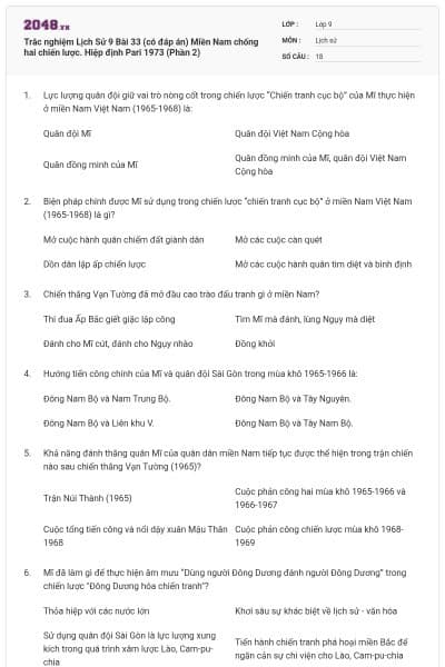 Trắc nghiệm Lịch Sử 9 Bài 33 (có đáp án) Miền Nam chống hai chiến lược. Hiệp định Pari 1973 (Phần 2)