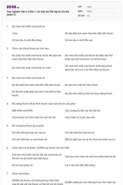 Trắc nghiệm Vật Lí 6 Bài 1: (có đáp án) Bài tập đo độ dài (phần 2)