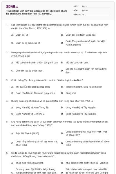 Trắc nghiệm Lịch Sử 9 Bài 33 (có đáp án) Miền Nam chống hai chiến lược. Hiệp định Pari 1973 (Phần 2)