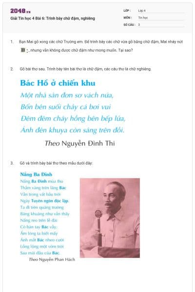 Giải Tin học 4 Bài 6: Trình bày chữ đậm, nghiêng