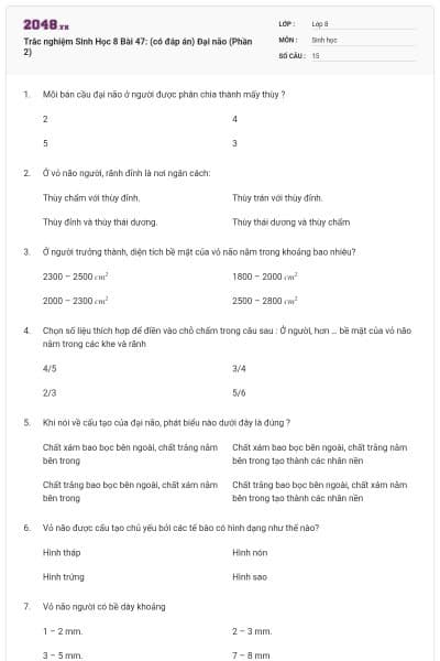 Trắc nghiệm Sinh Học 8 Bài 47: (có đáp án) Đại não (Phần 2)