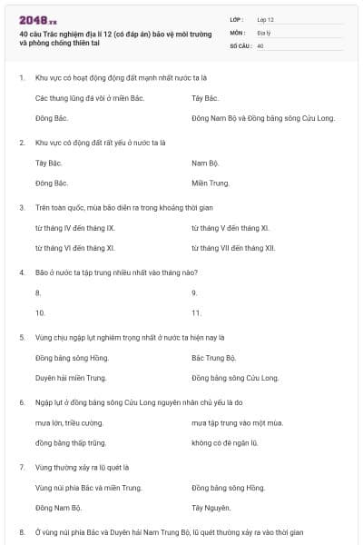 40 câu Trắc nghiệm địa lí 12 (có đáp án) bảo vệ môi trường và phòng chống thiên tai
