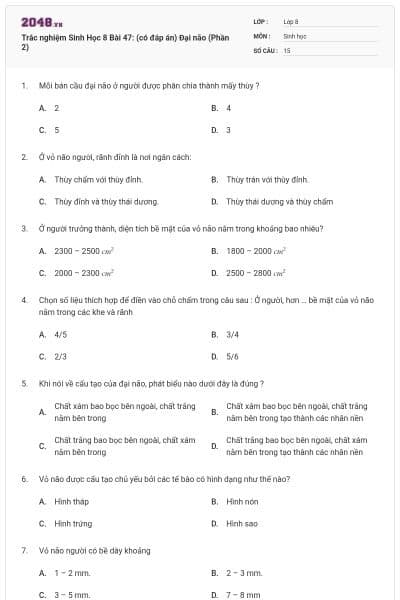 Trắc nghiệm Sinh Học 8 Bài 47: (có đáp án) Đại não (Phần 2)