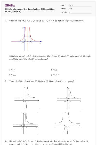 200 câu trắc nghiệm Ứng dụng đạo hàm để khảo sát hàm số nâng cao (P10)