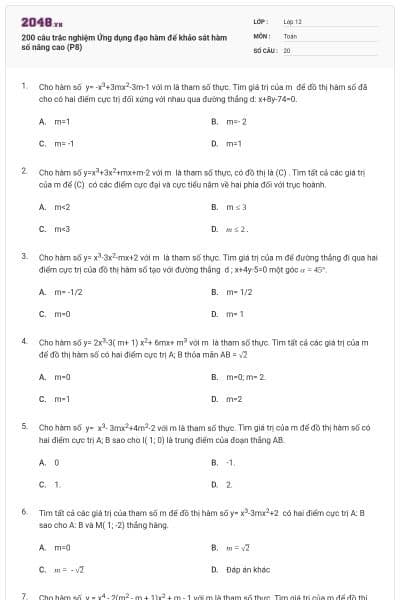 200 câu trắc nghiệm Ứng dụng đạo hàm để khảo sát hàm số nâng cao (P8)
