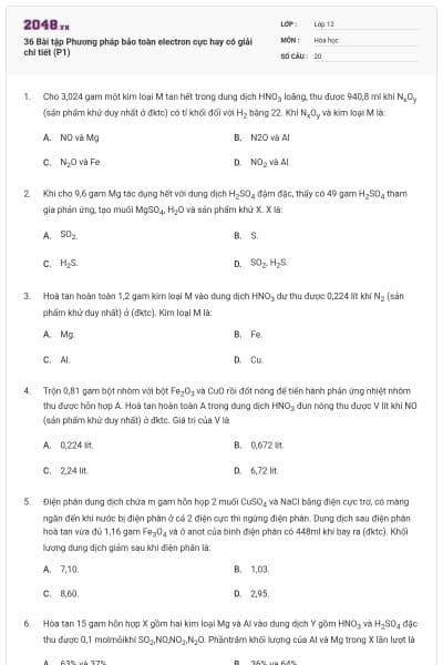36 Bài tập Phương pháp bảo toàn electron cực hay có giải chi tiết (P1)