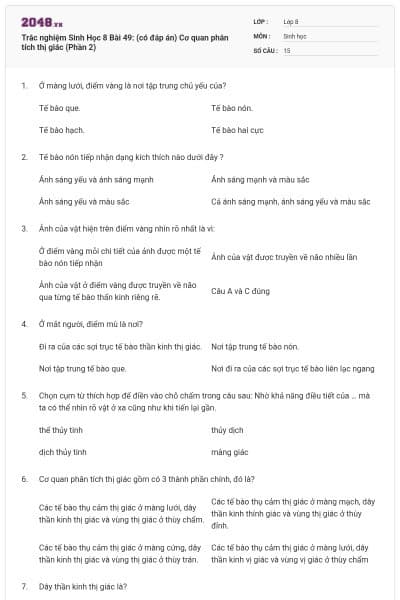 Trắc nghiệm Sinh Học 8 Bài 49: (có đáp án) Cơ quan phân tích thị giác (Phần 2)