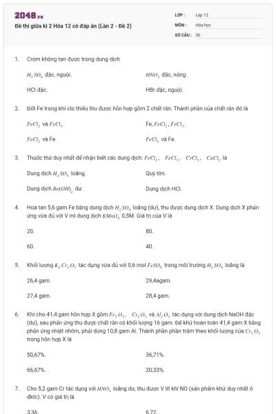 Đề thi giữa kì 2 Hóa 12 có đáp án (Lần 2 - Đề 2)