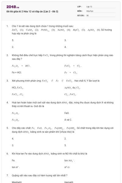 Đề thi giữa kì 2 Hóa 12 có đáp án (Lần 2 - Đề 3)