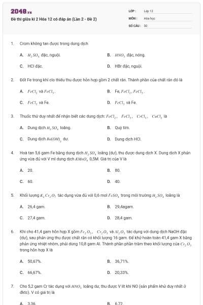 Đề thi giữa kì 2 Hóa 12 có đáp án (Lần 2 - Đề 2)