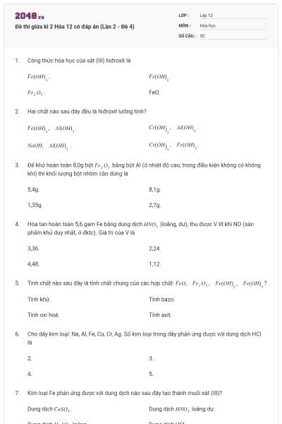 Đề thi giữa kì 2 Hóa 12 có đáp án (Lần 2 - Đề 4)