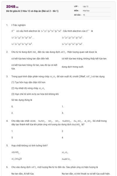 Đề thi giữa kì 2 Hóa 12 có đáp án (Bài số 2 - Đề 1)