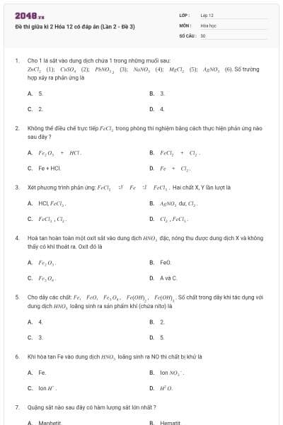 Đề thi giữa kì 2 Hóa 12 có đáp án (Lần 2 - Đề 3)