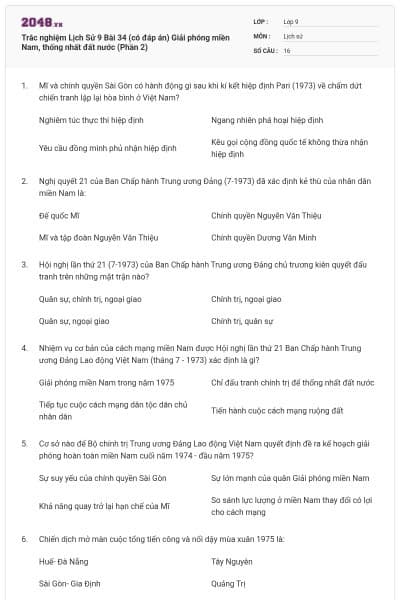 Trắc nghiệm Lịch Sử 9 Bài 34 (có đáp án) Giải phóng miền Nam, thống nhất đất nước (Phần 2)