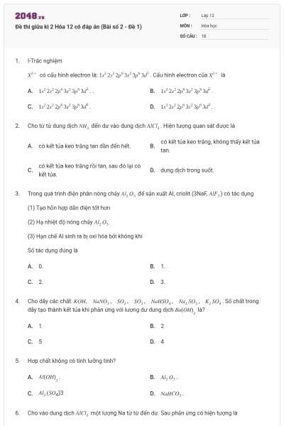 Đề thi giữa kì 2 Hóa 12 có đáp án (Bài số 2 - Đề 1)
