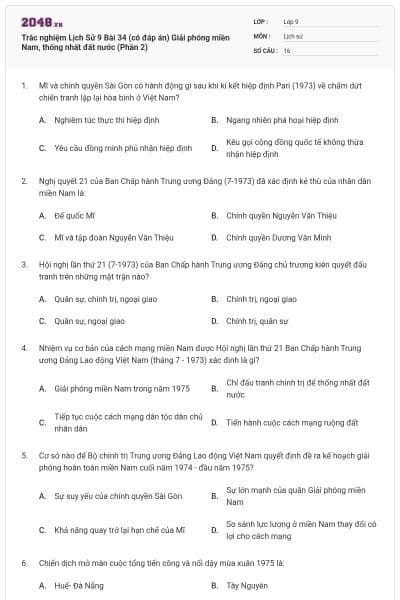 Trắc nghiệm Lịch Sử 9 Bài 34 (có đáp án) Giải phóng miền Nam, thống nhất đất nước (Phần 2)