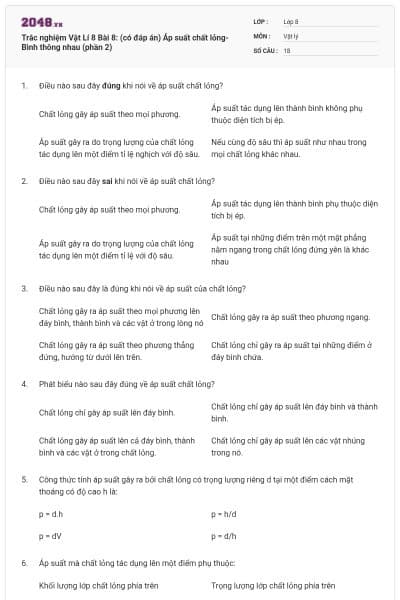 Trắc nghiệm Vật Lí 8 Bài 8: (có đáp án) Áp suất chất lỏng- Bình thông nhau (phần 2)