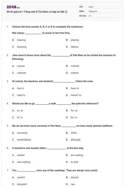 Đề thi giữa kì 1 Tiếng Anh 8 Thí điểm có đáp án (Đề 2)
