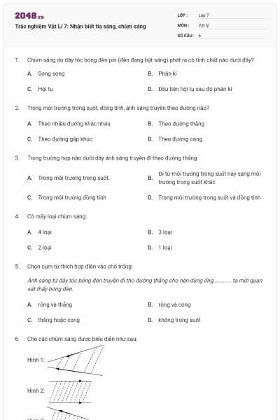 Trắc nghiệm Vật Lí 7: Nhận biết tia sáng, chùm sáng