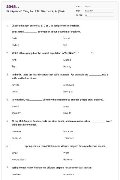 Đề thi giữa kì 1 Tiếng Anh 8 Thí điểm có đáp án (Đề 4)