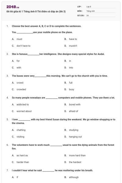 Đề thi giữa kì 1 Tiếng Anh 8 Thí điểm có đáp án (Đề 3)