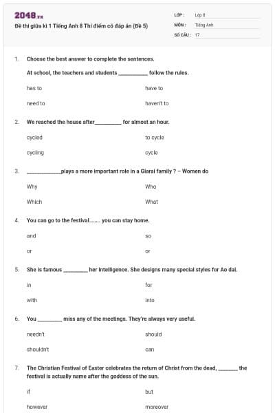 Đề thi giữa kì 1 Tiếng Anh 8 Thí điểm có đáp án (Đề 5)