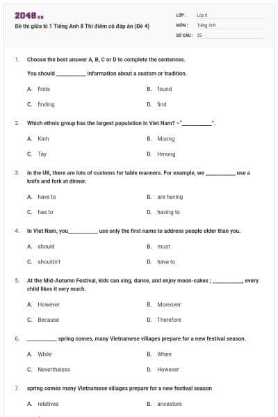 Đề thi giữa kì 1 Tiếng Anh 8 Thí điểm có đáp án (Đề 4)