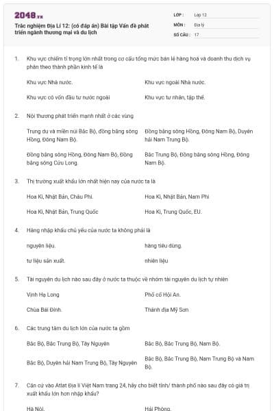 Trắc nghiệm Địa Lí 12: (có đáp án) Bài tập Vấn đề phát triển ngành thương mại và du lịch