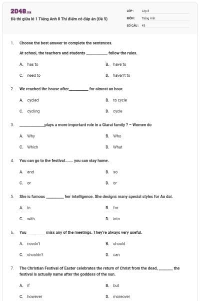 Đề thi giữa kì 1 Tiếng Anh 8 Thí điểm có đáp án (Đề 5)